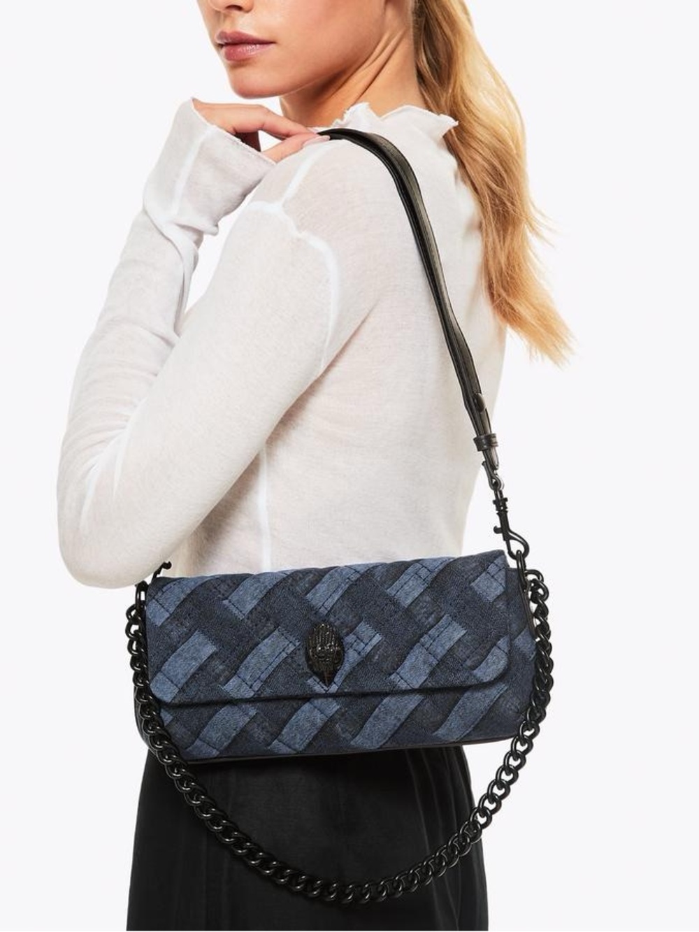 New Kurt Geiger Quilted Denim Chain-Handle Shoulder Bag - Picture 3 of 5